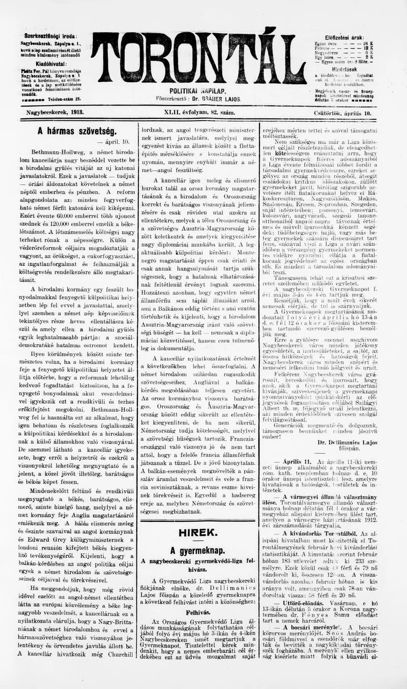 Torontál, 42. évf. 1913. április 10. 82. sz.