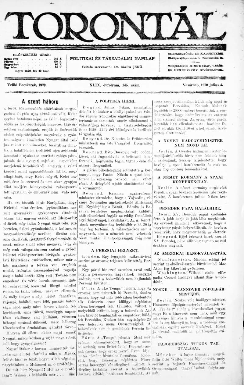 Torontál, 49. évf. 1920. július 4. 145. sz.