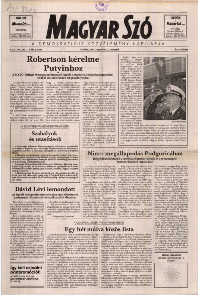 Magyar Szó, 57. évf. 2000. augusztus 3. 181. sz. 1–16. oldal