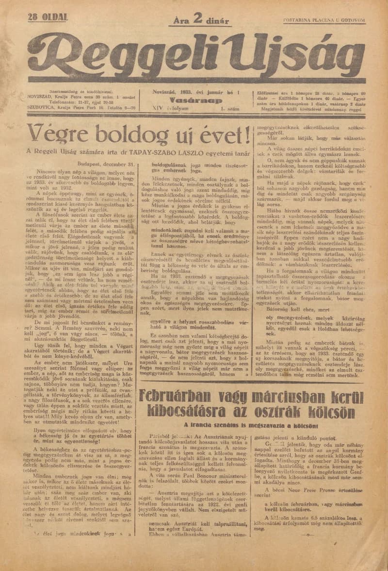 Reggeli Újság, 14. évf. 1933. január 1. 1. sz.