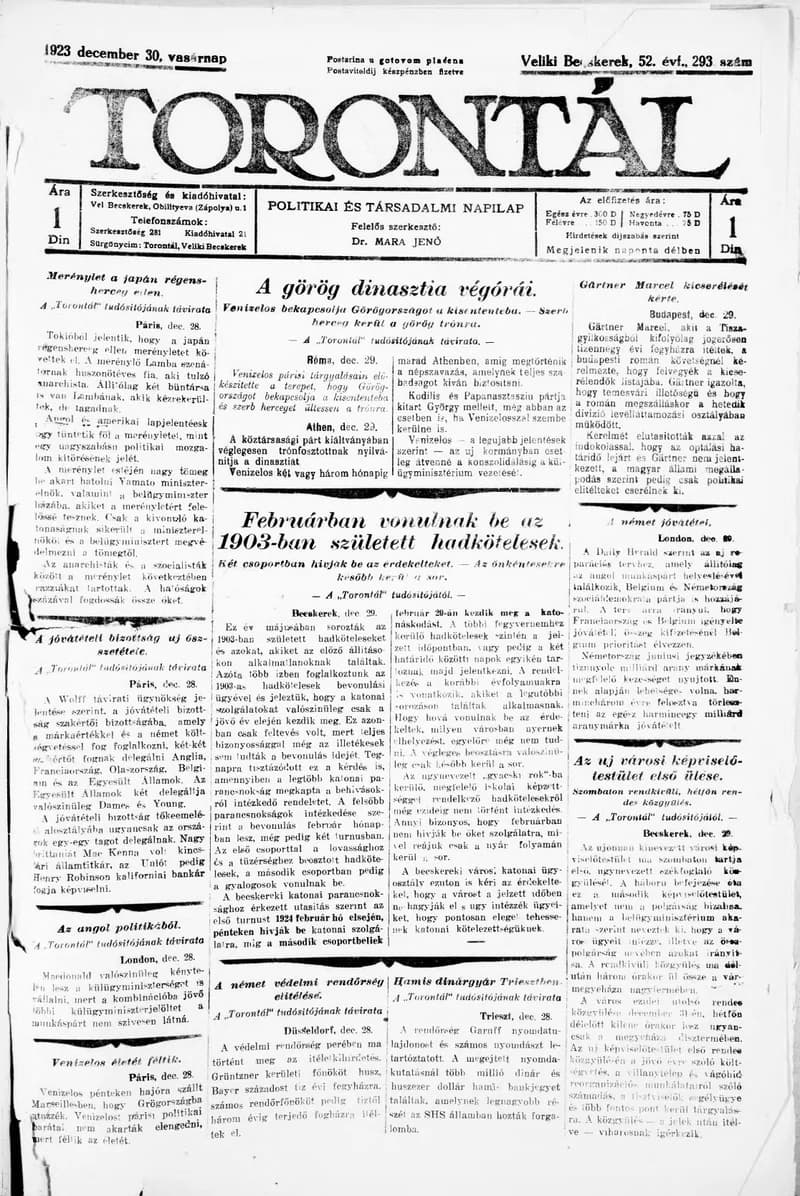 Torontál, 52. évf. 1923. december 30. 293. sz.