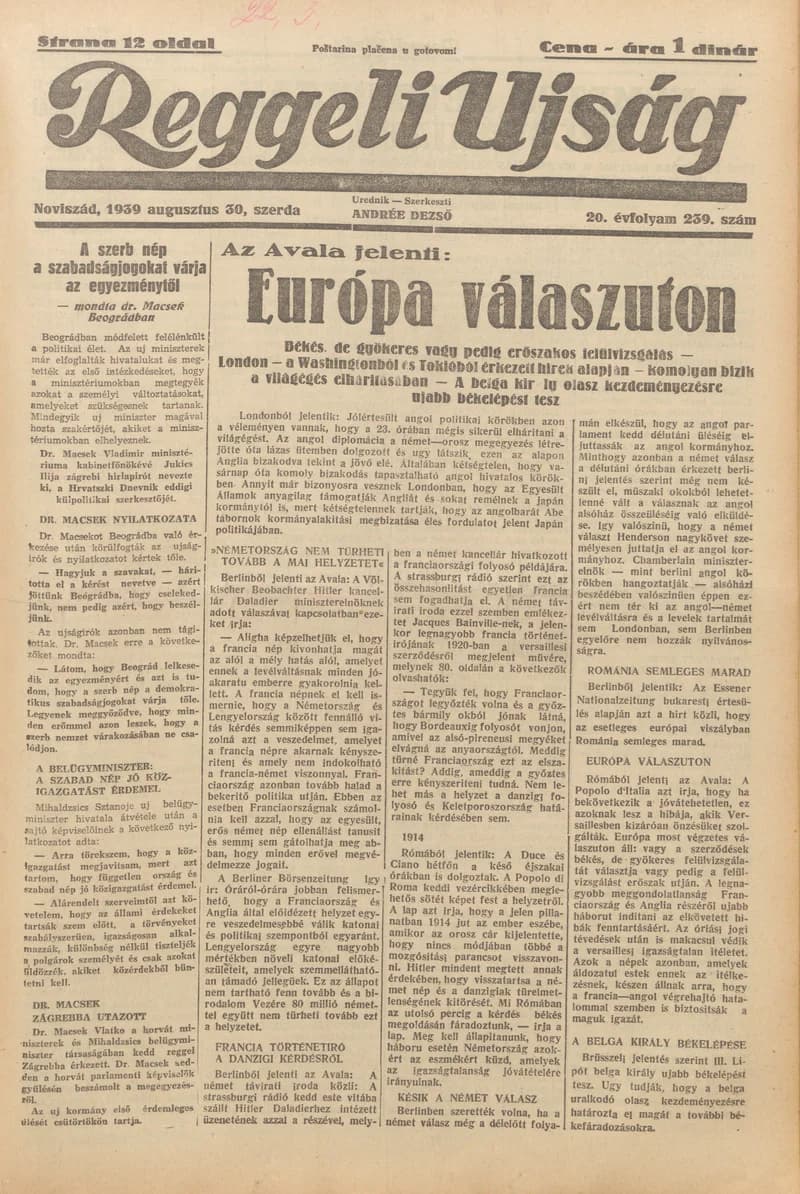 Reggeli Újság, 20. évf. 1939. augusztus 30. 239. sz.
