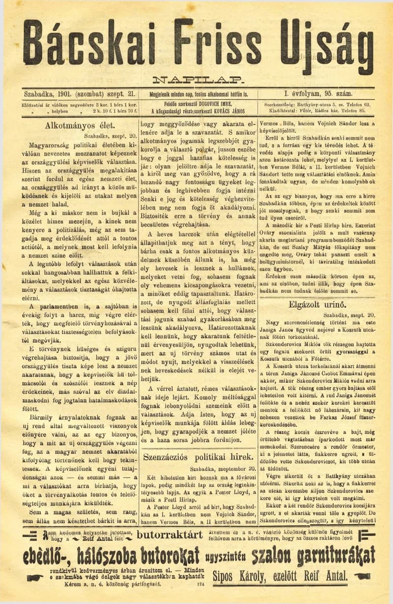 Bácskai Friss Ujság, 1. évf. 1901. szeptember 21. 95. sz.