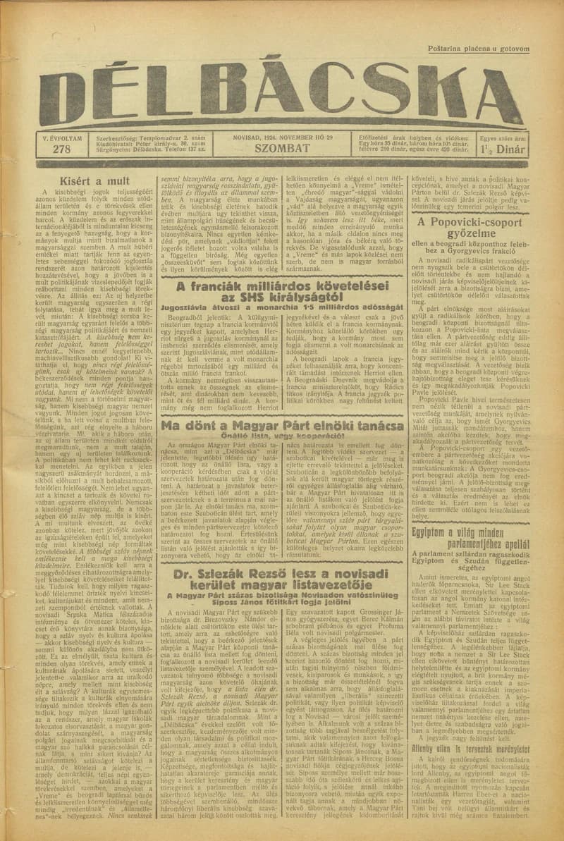 Délbácska, 5. évf. 1924. november 29. 278. sz.