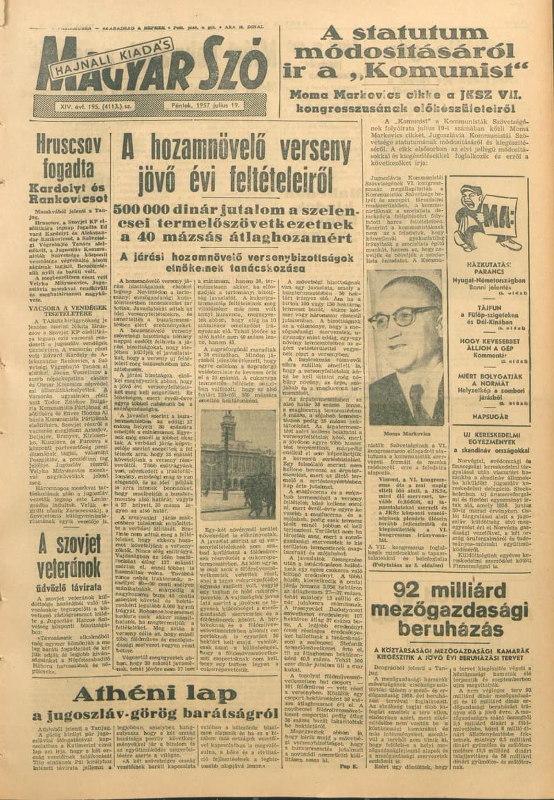 Magyar Szó, 14. évf. 1957. július 19. 195. sz. 1–16. oldal