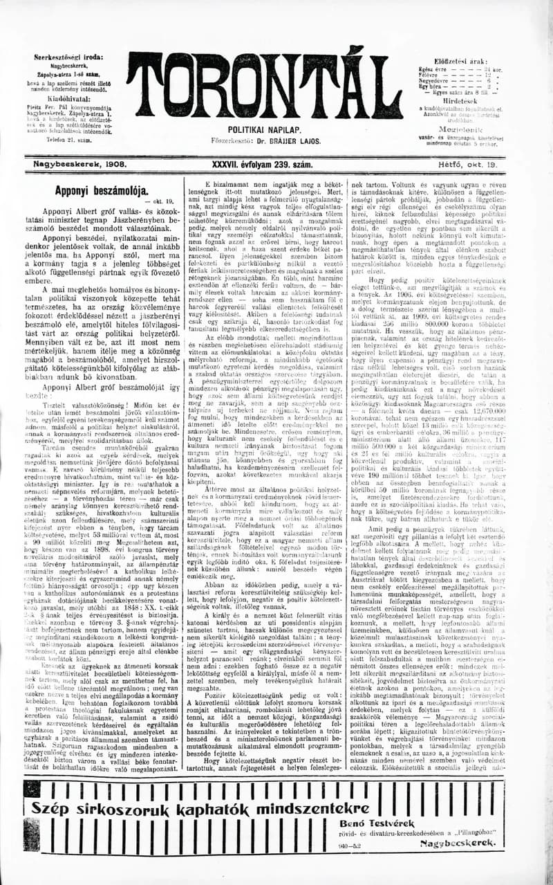 Torontál, 37. évf. 1908. október 19. 239. sz.