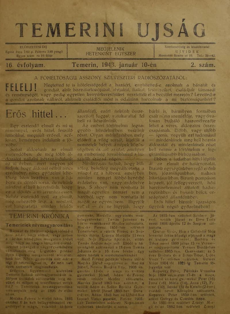Temerini Újság 1928-1944, 16. évf. 1943. január 10. 2. sz.