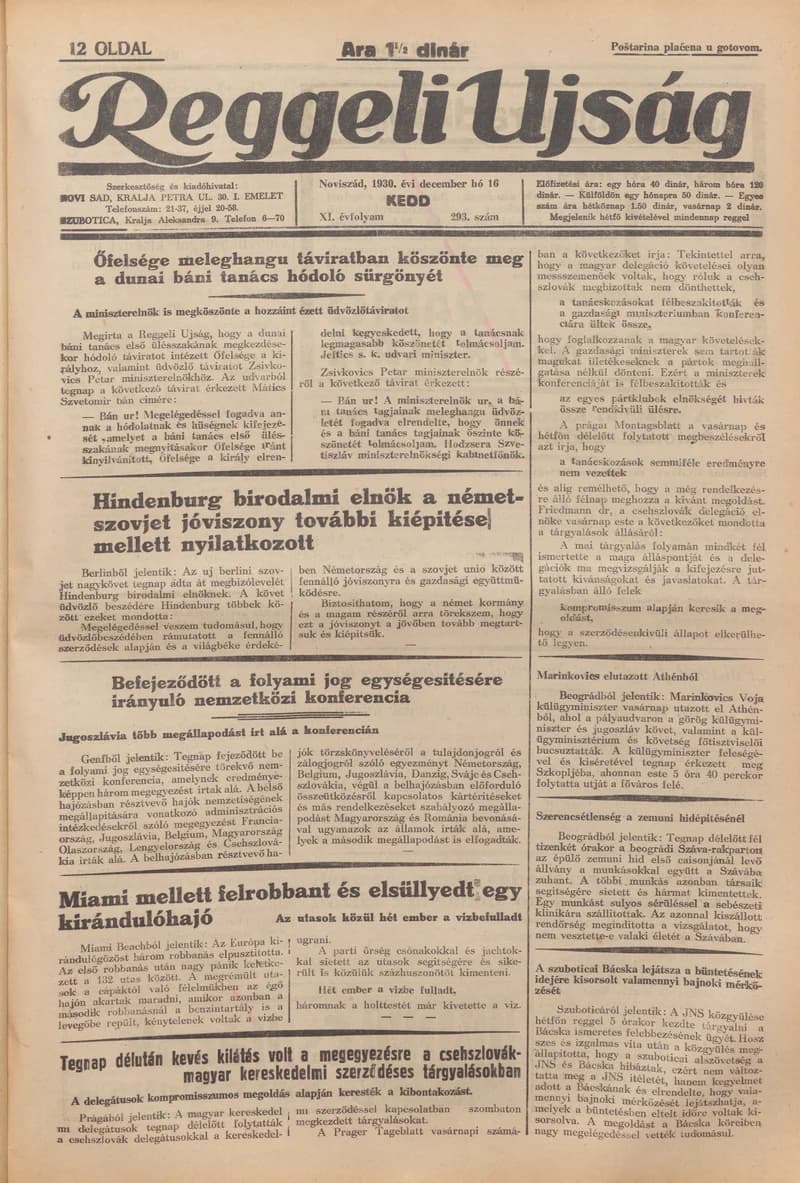 Reggeli Újság, 11. évf. 1930. december 16. 293. sz.