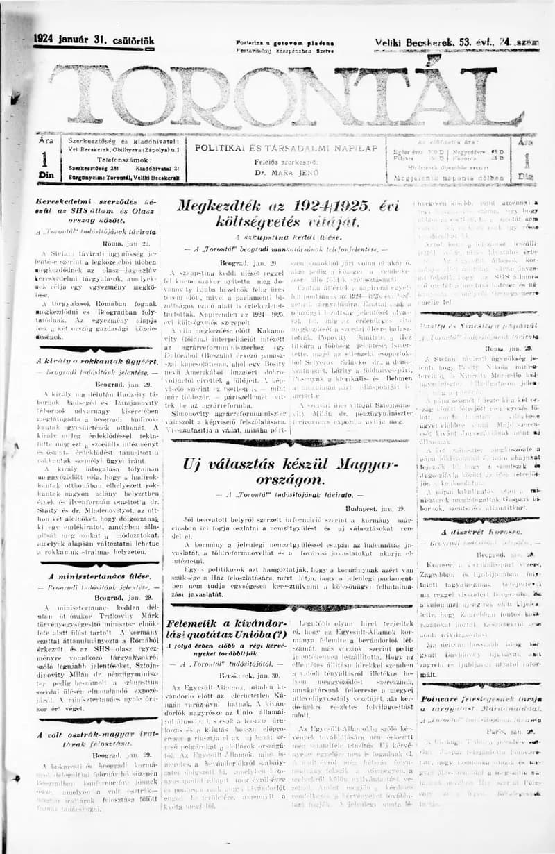 Torontál, 53. évf. 1924. január 31. 24. sz.
