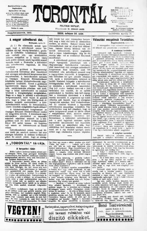 Torontál, 39. évf. 1910. április 14. 84. sz.