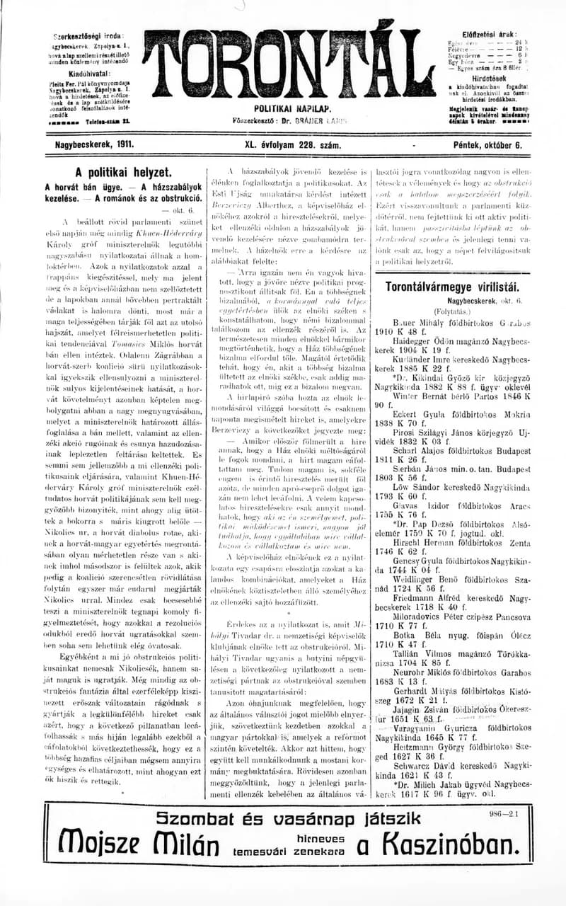 Torontál, 40. évf. 1911. október 6. 228. sz.