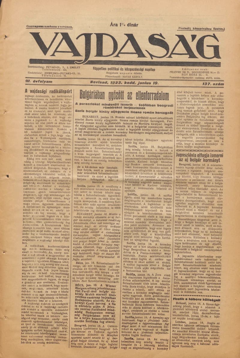 Vajdaság, 3. évf. 1923. június 19. 137. sz.