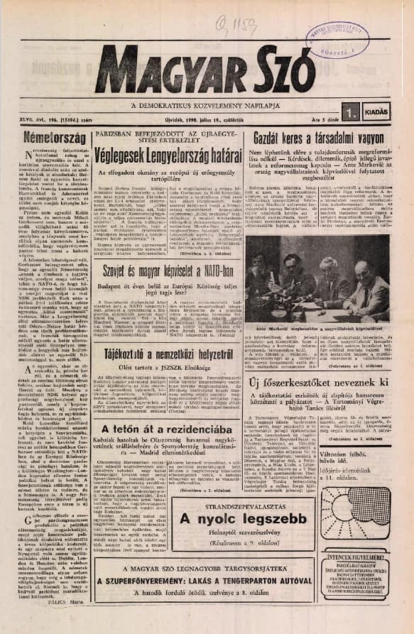 Magyar Szó, 47. évf. 1990. július 19. 196. sz. 1–16. oldal