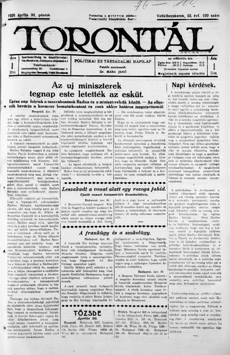 Torontál, 55. évf. 1926. április 30. 100. sz.