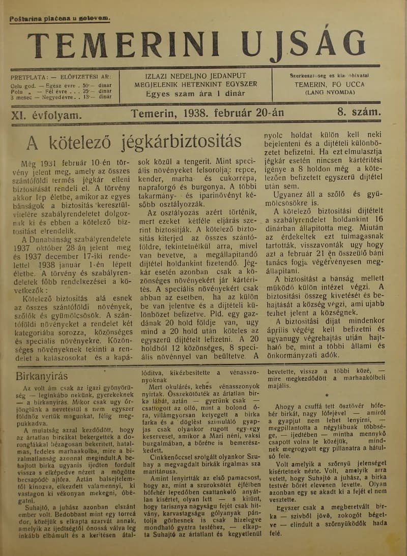 Temerini Újság 1928-1944, 11. évf. 1938. február 20. 8. sz.