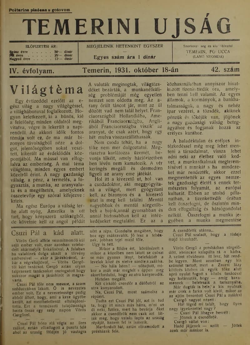 Temerini Újság 1928-1944, 4. évf. 1931. október 18. 42. sz.