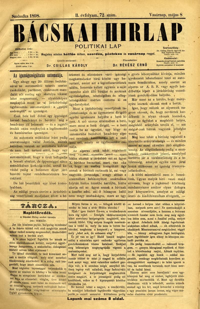 Bácskai Hirlap, 2. évf. 1898. május 8. 72. sz. 1–8. oldal