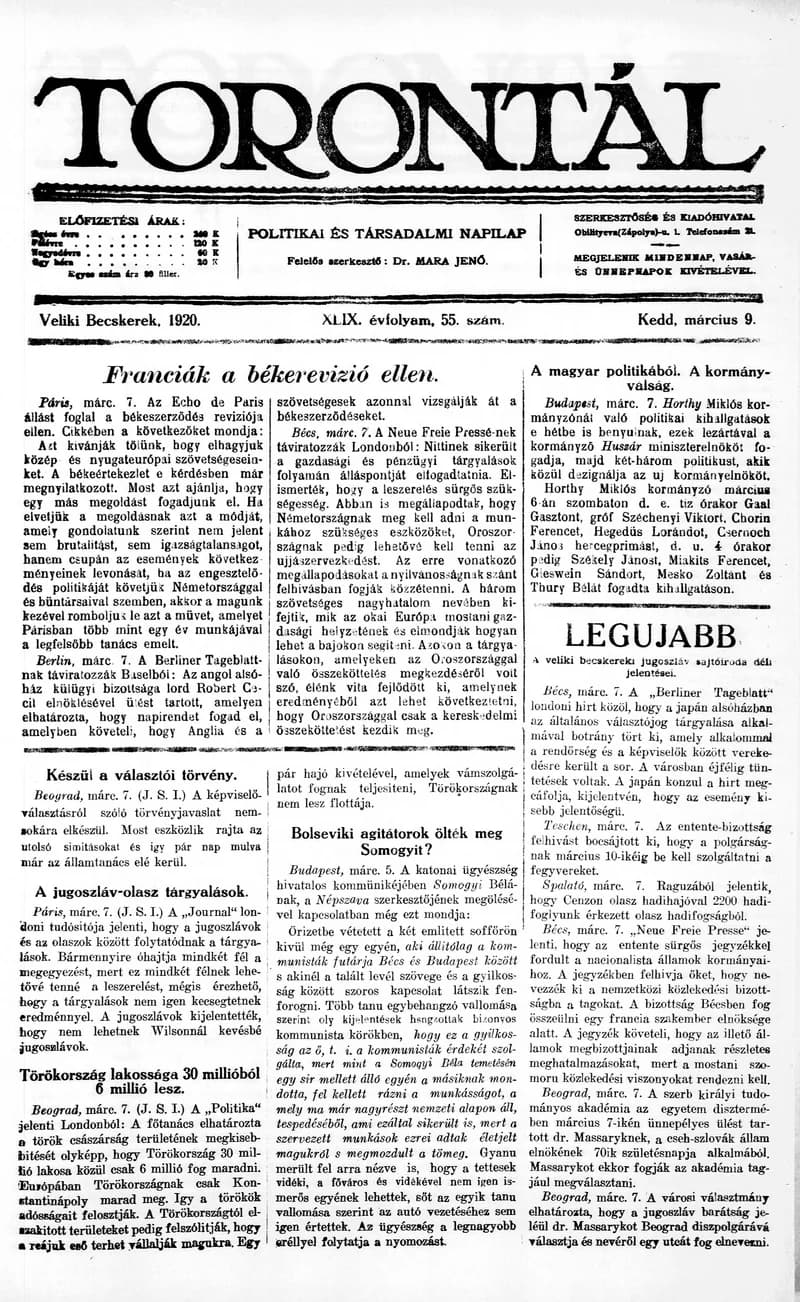 Torontál, 49. évf. 1920. március 9. 55. sz.
