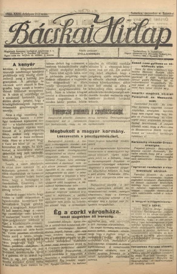 Bácskai Hirlap, 24. évf. 1920. december 4. 212. sz.