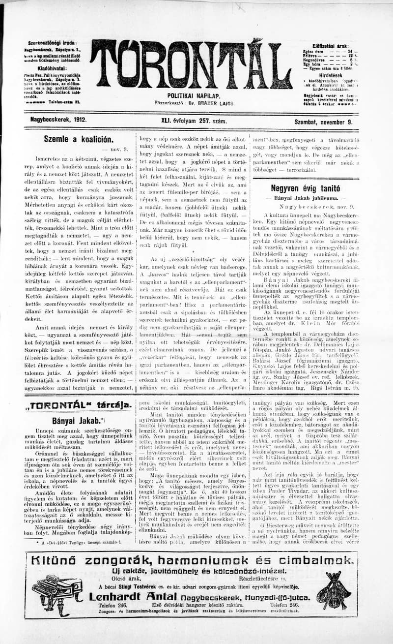 Torontál, 41. évf. 1912. november 9. 257. sz.