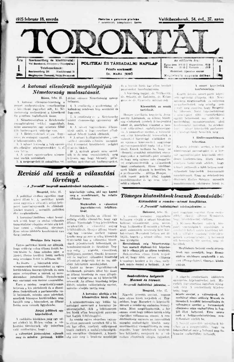 Torontál, 54. évf. 1925. február 18. 37. sz.