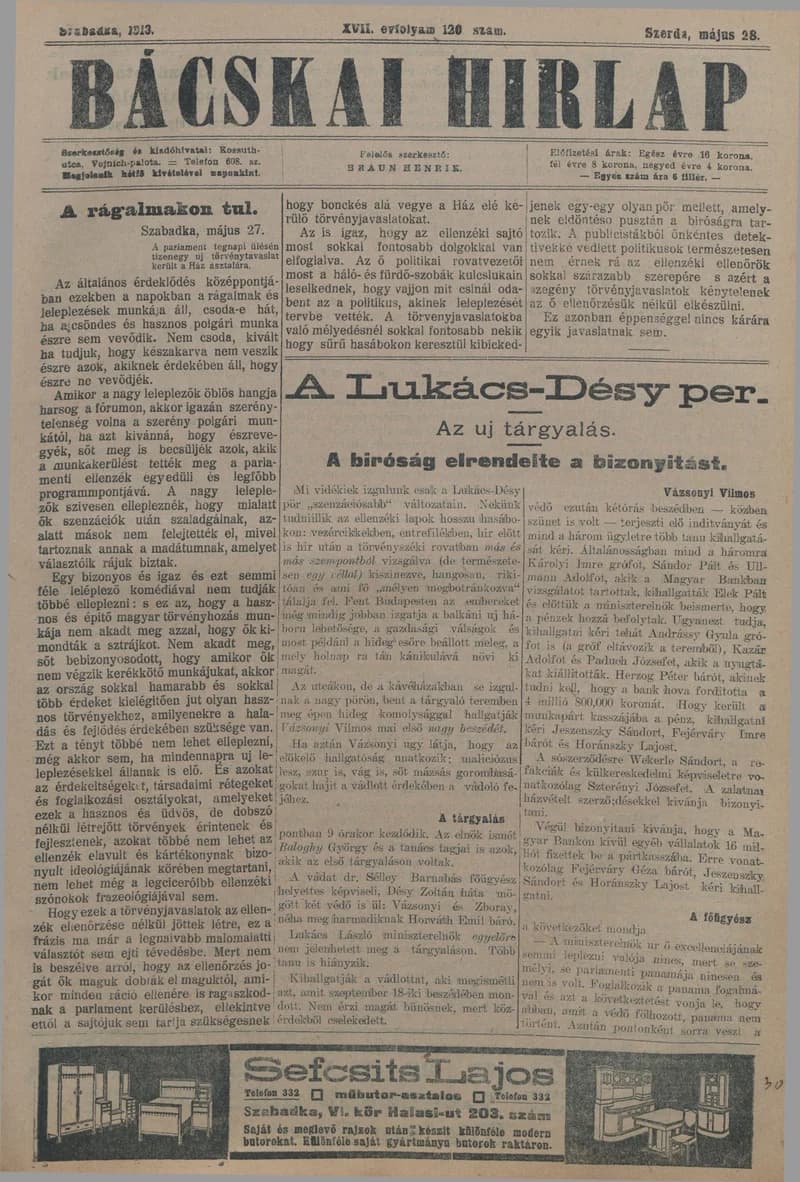 Bácskai Hirlap, 17. évf. 1913. május 28. 120. sz.