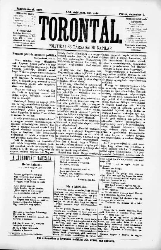 Torontál, 21. évf. 1892. december 9. 262. sz.