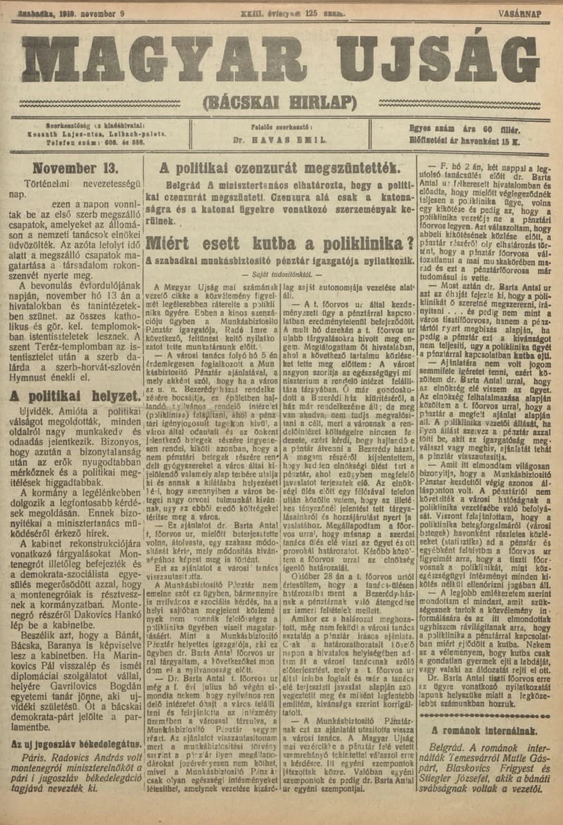 Bácskai Hirlap, 23. évf. 1919. november 9. 125. sz.