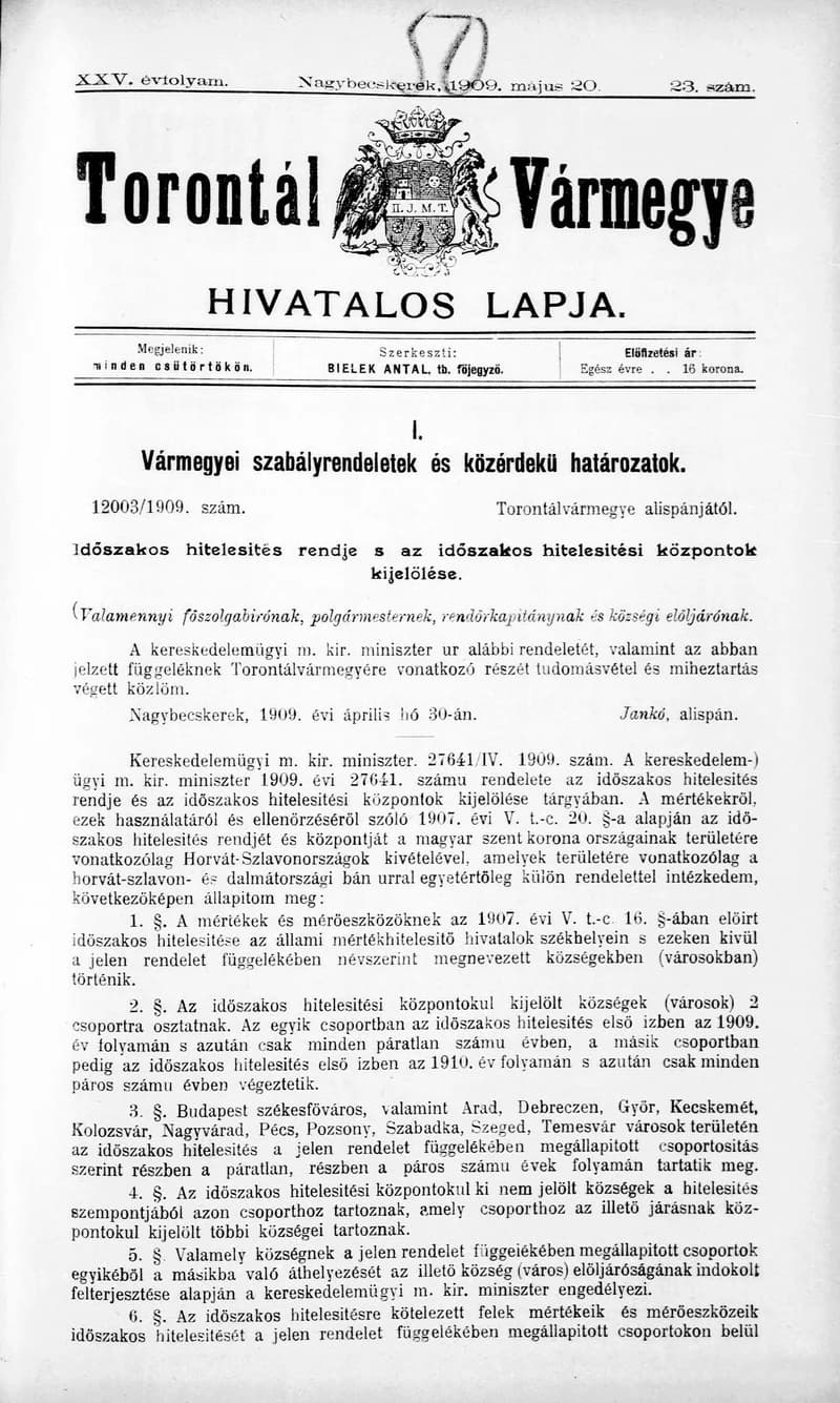 Torontál Vármegye Hivatalos Lapja, 25. évf. 1909. május 20. 23. sz.