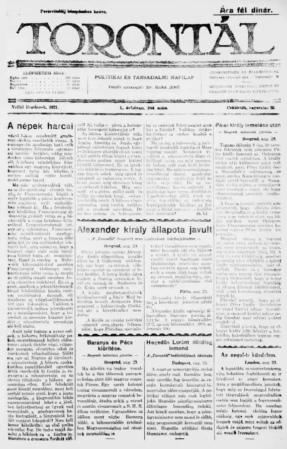 Torontál, 50. évf. 1921. augusztus 25. 184. sz.