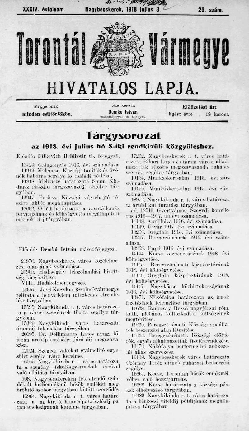 Torontál Vármegye Hivatalos Lapja, 34. évf. 1918. július 3. 29. sz.