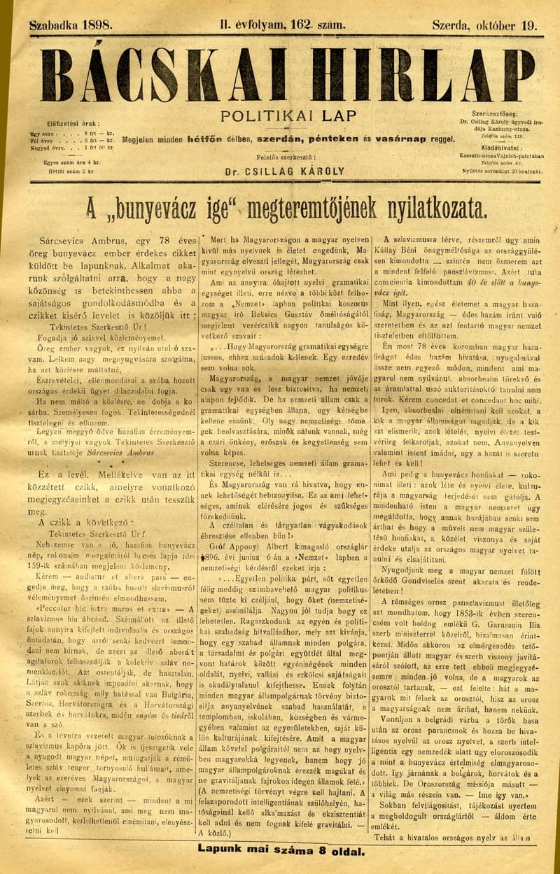 Bácskai Hirlap, 2. évf. 1898. október 19. 162. sz. 1–8. oldal
