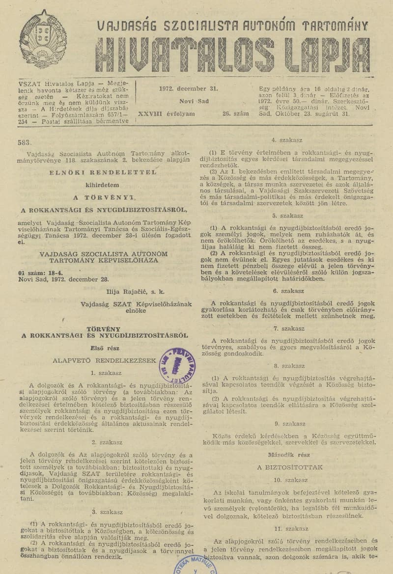 Vajdaság Szocialista Autonóm Tartomány Hivatalos Lapja, 28. évf. 1972. december 31. 26. sz. 869–924. oldal