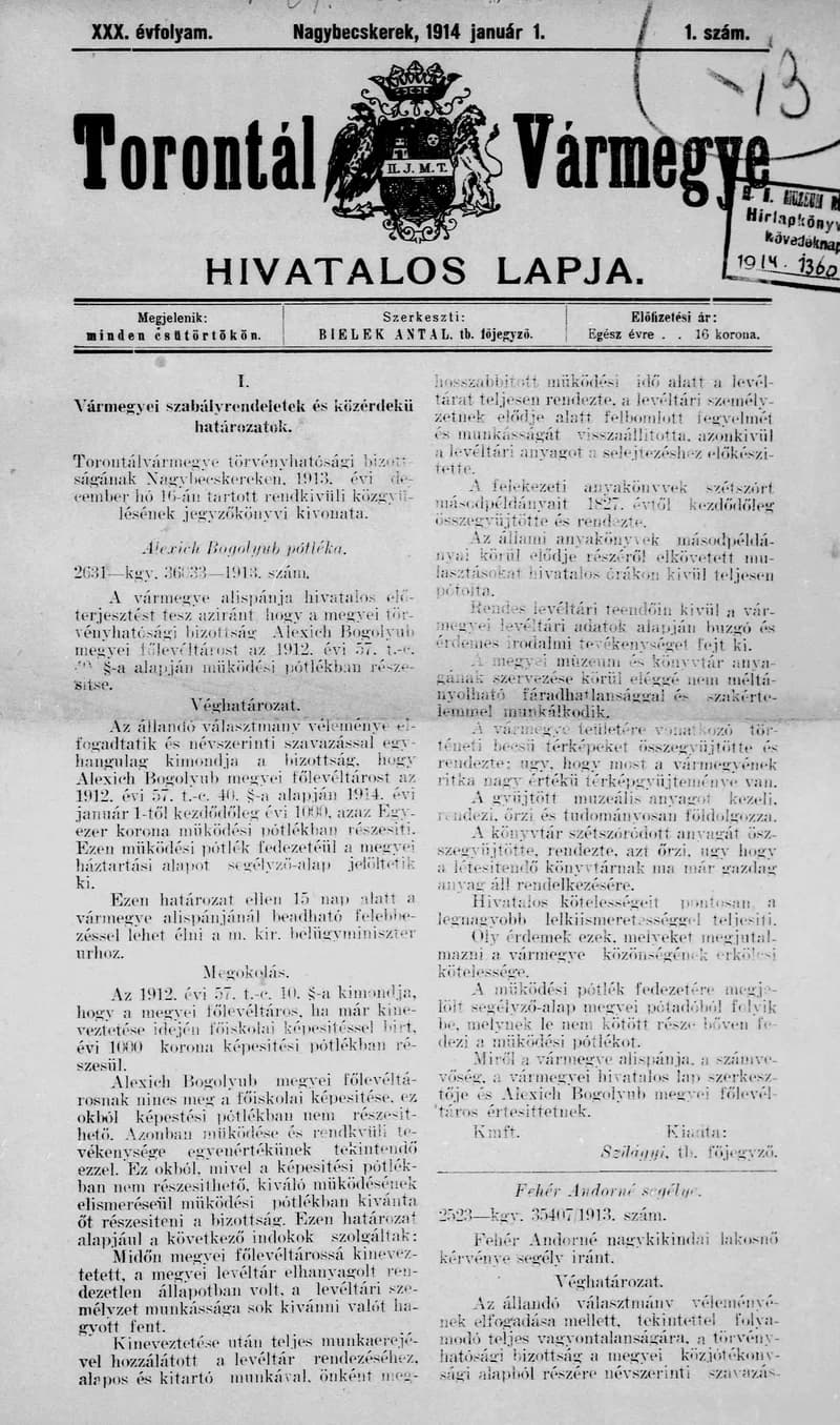 Torontál Vármegye Hivatalos Lapja, 30. évf. 1914. január 1. 1. sz.