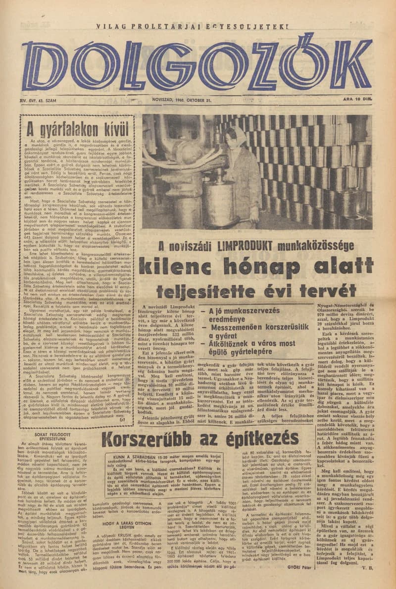 Dolgozók, 14. évf. 1960. október 21. 43. sz.