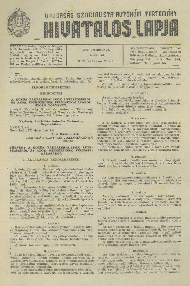 Vajdaság Szocialista Autonóm Tartomány Hivatalos Lapja, 26. évf. 1970. december 23. 22. sz. 317–318. oldal