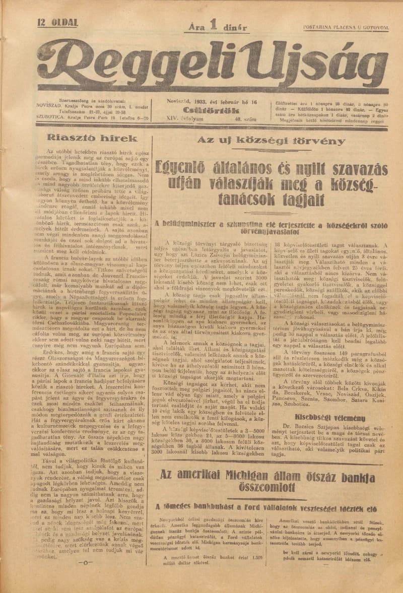 Reggeli Újság, 14. évf. 1933. február 16. 40. sz.