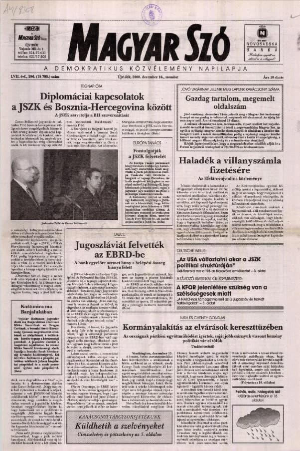 Magyar Szó, 57. évf. 2000. december 16. 296. sz. 1–16. oldal