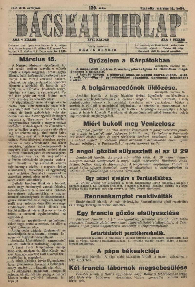 Bácskai Hirlap, 19. évf. 1915. március 15. 120. sz.