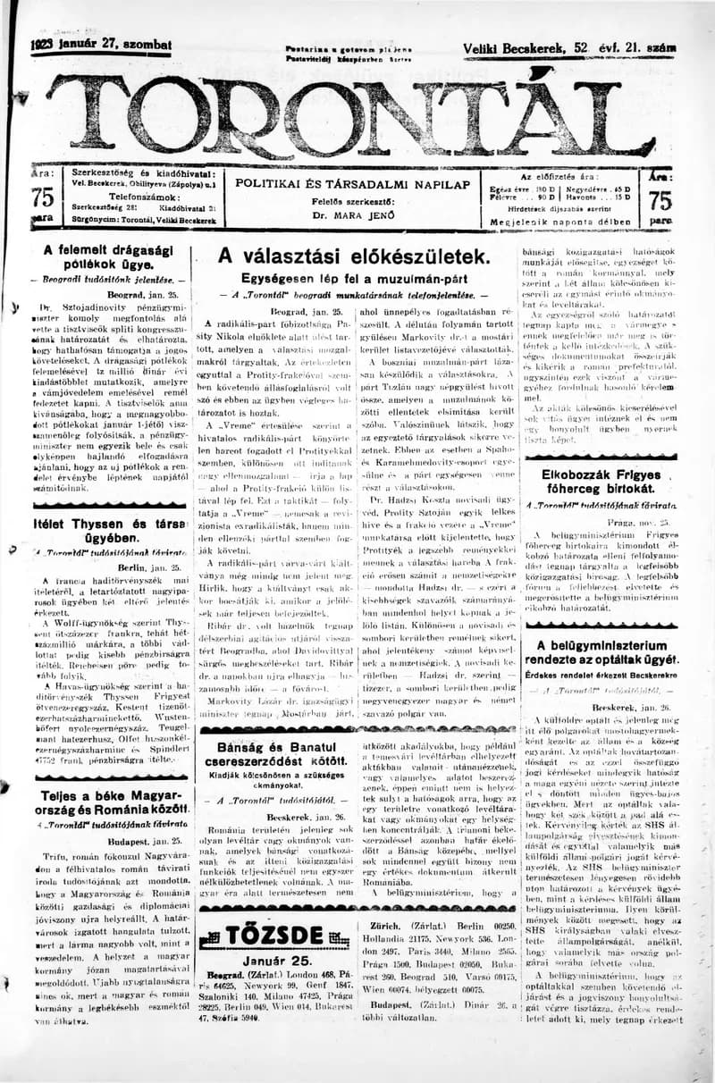 Torontál, 52. évf. 1923. január 27. 21. sz.