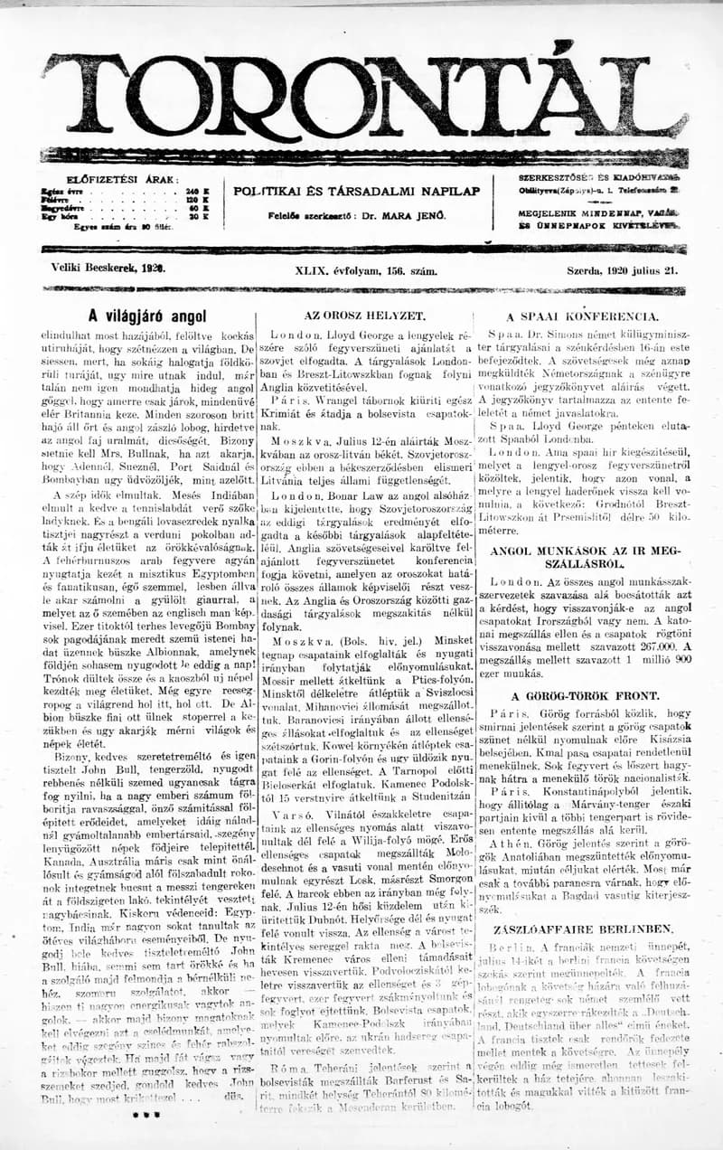 Torontál, 49. évf. 1920. július 21. 156. sz.