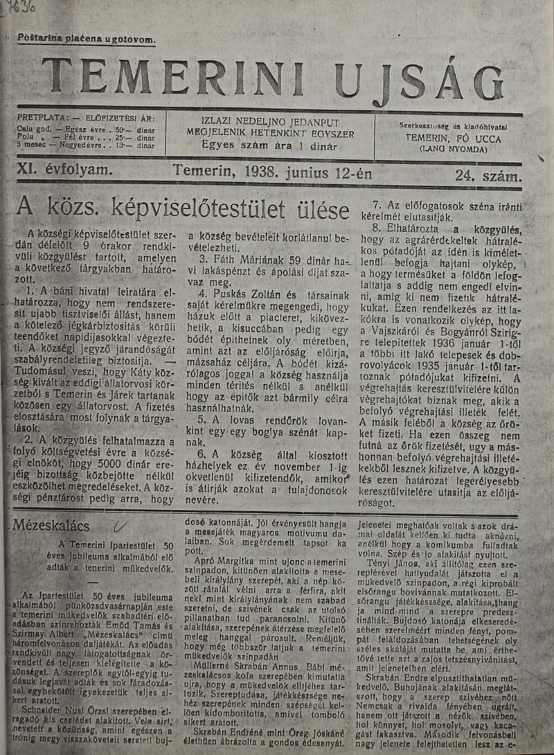 Temerini Újság 1928-1944, 11. évf. 1938. június 12. 24. sz.