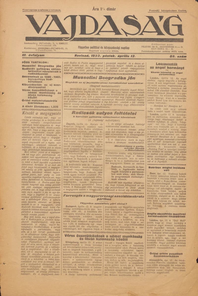 Vajdaság, 3. évf. 1923. április 13. 85. sz.