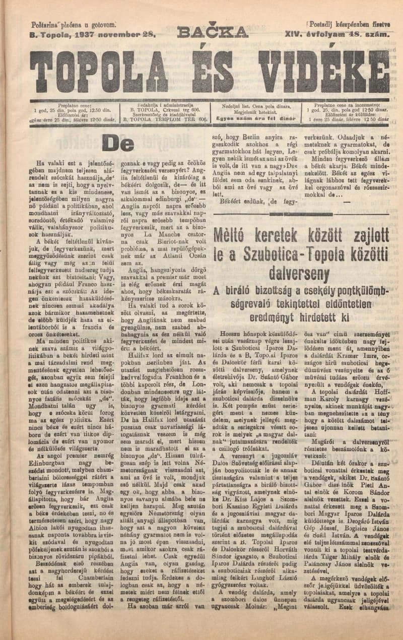 Bačka Topola és Vidéke, 14. évf. 1937. november 28. 48. sz.