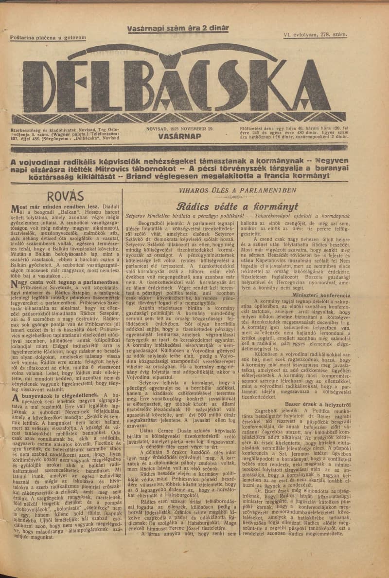 Délbácska, 6. évf. 1925. november 29. 278. sz.