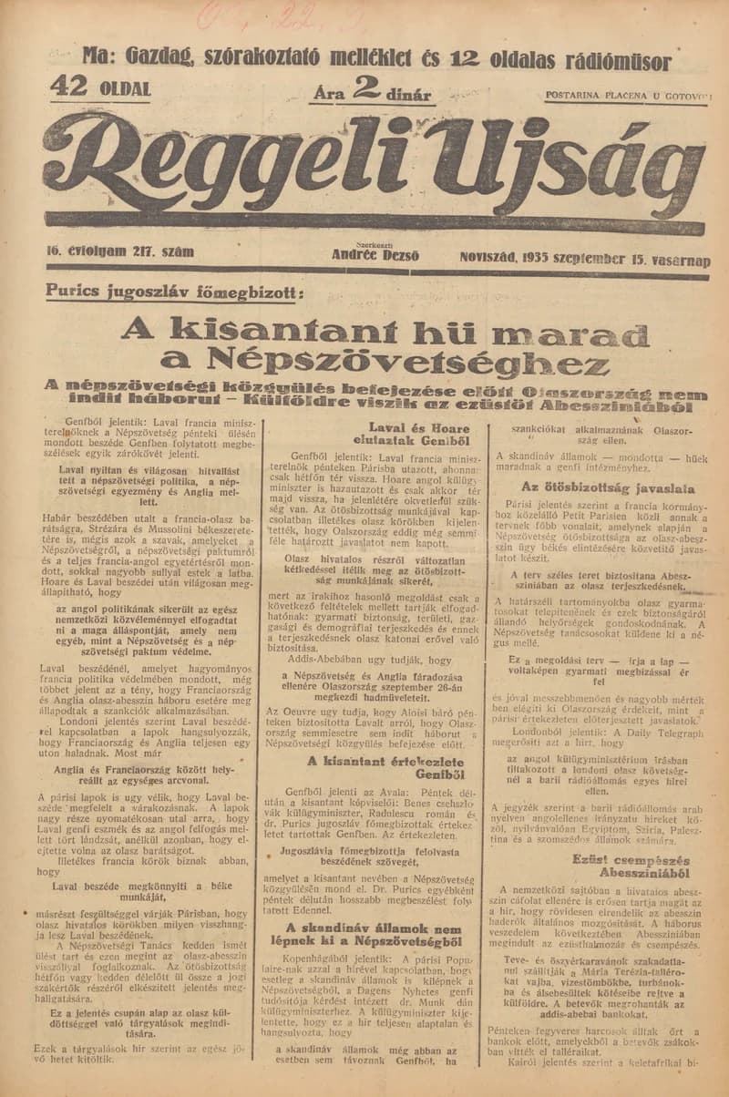 Reggeli Újság, 16. évf. 1935. szeptember 15. 217. sz.
