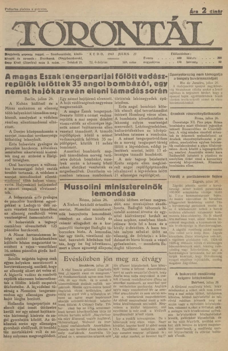 Torontál, 72. évf. 1943. július 27. 169. sz.