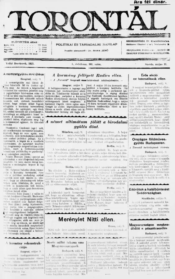 Torontál, 50. évf. 1921. május 11. 101. sz.