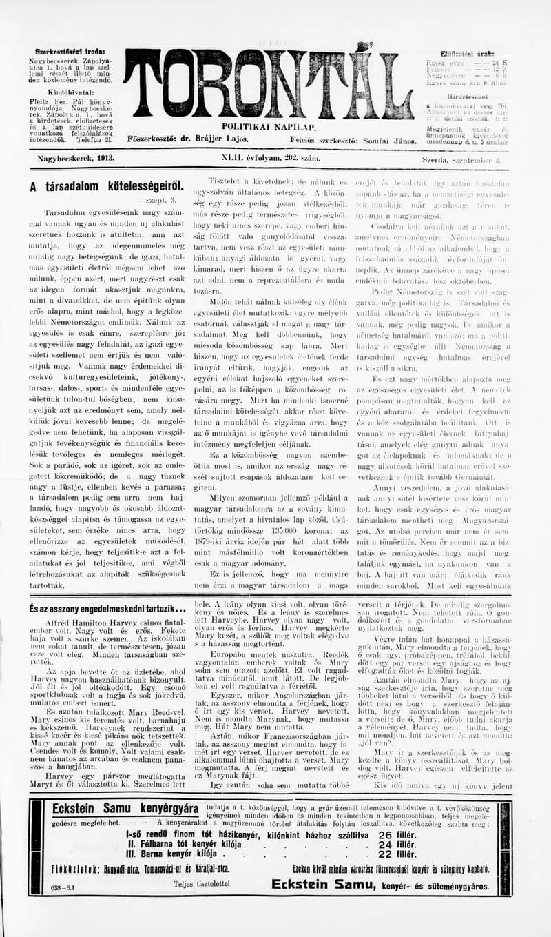 Torontál, 42. évf. 1913. szeptember 3. 202. sz.