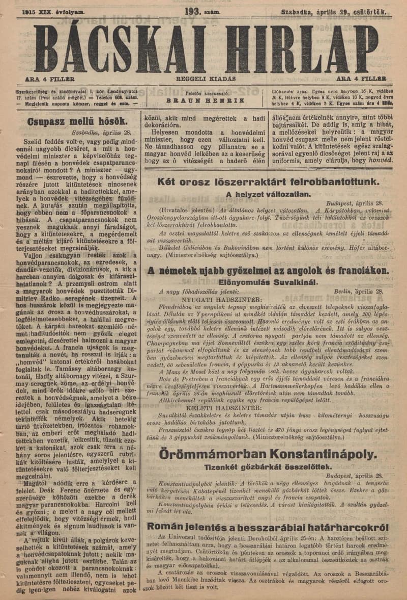 Bácskai Hirlap, 19. évf. 1915. április 29. 193. sz.